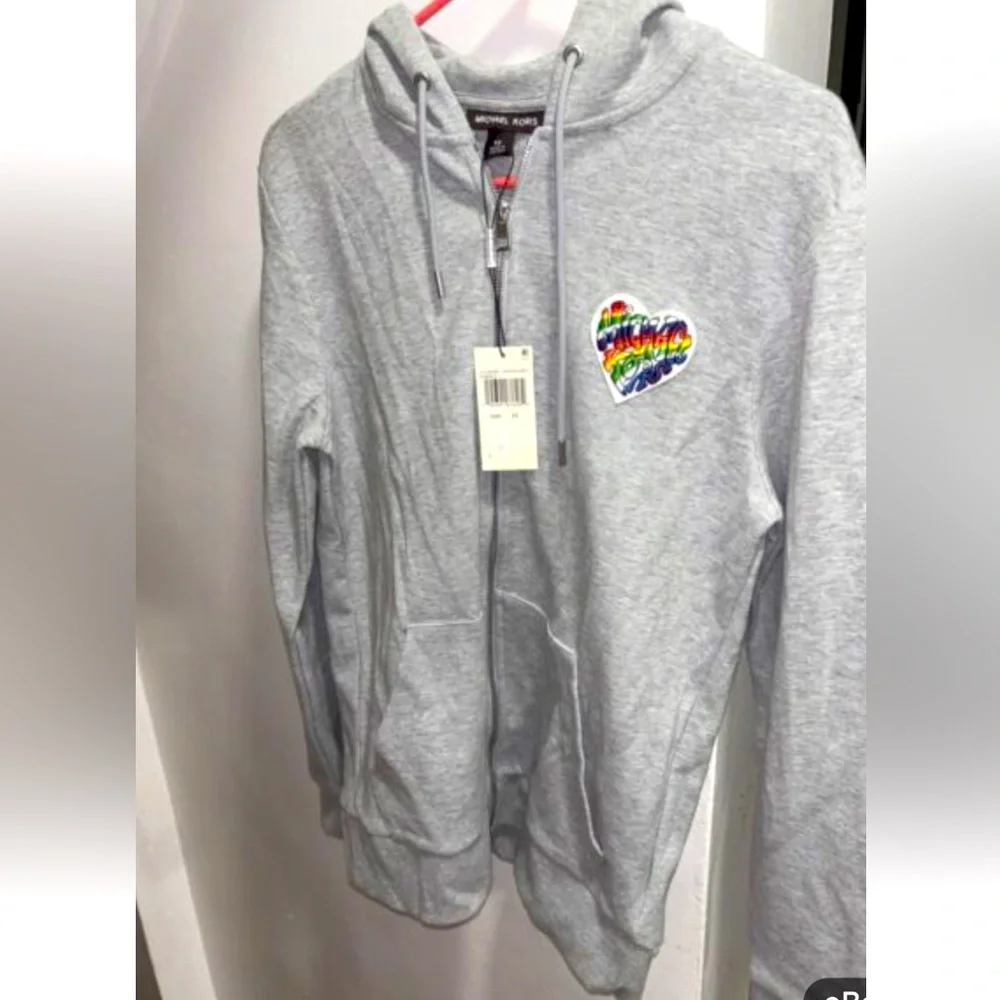 Michael Kors Men's Full-Zip Pride Heart Patch Hoodie Size M Heather Grey NWT - Picture 2 of 4